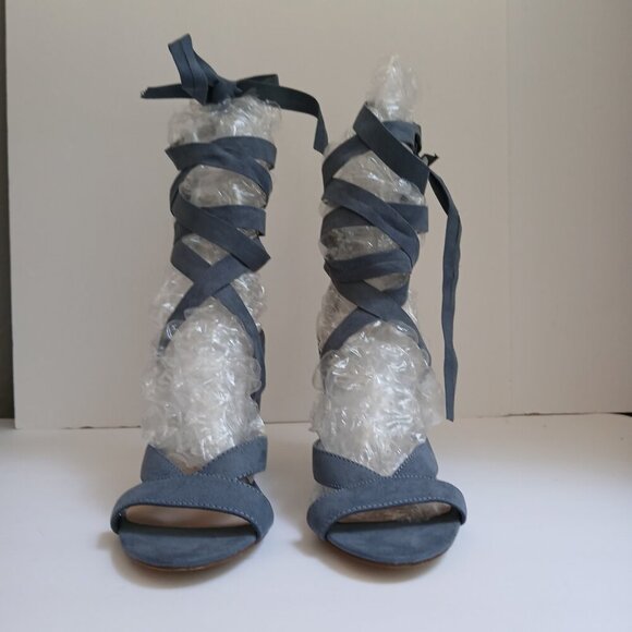 Shoe Dazzle  'Natty' Dusty Blue Suede OpenToe BlockHeel 34"Lace Over Ankle Sz8.5 - Picture 2 of 8